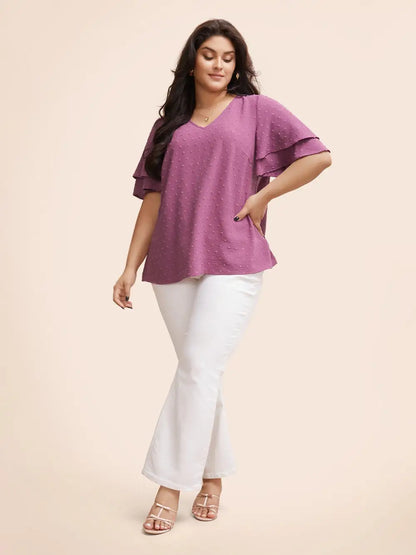 Plain Ruffle Tiered Sleeve V Neck Polka Dot Blouse