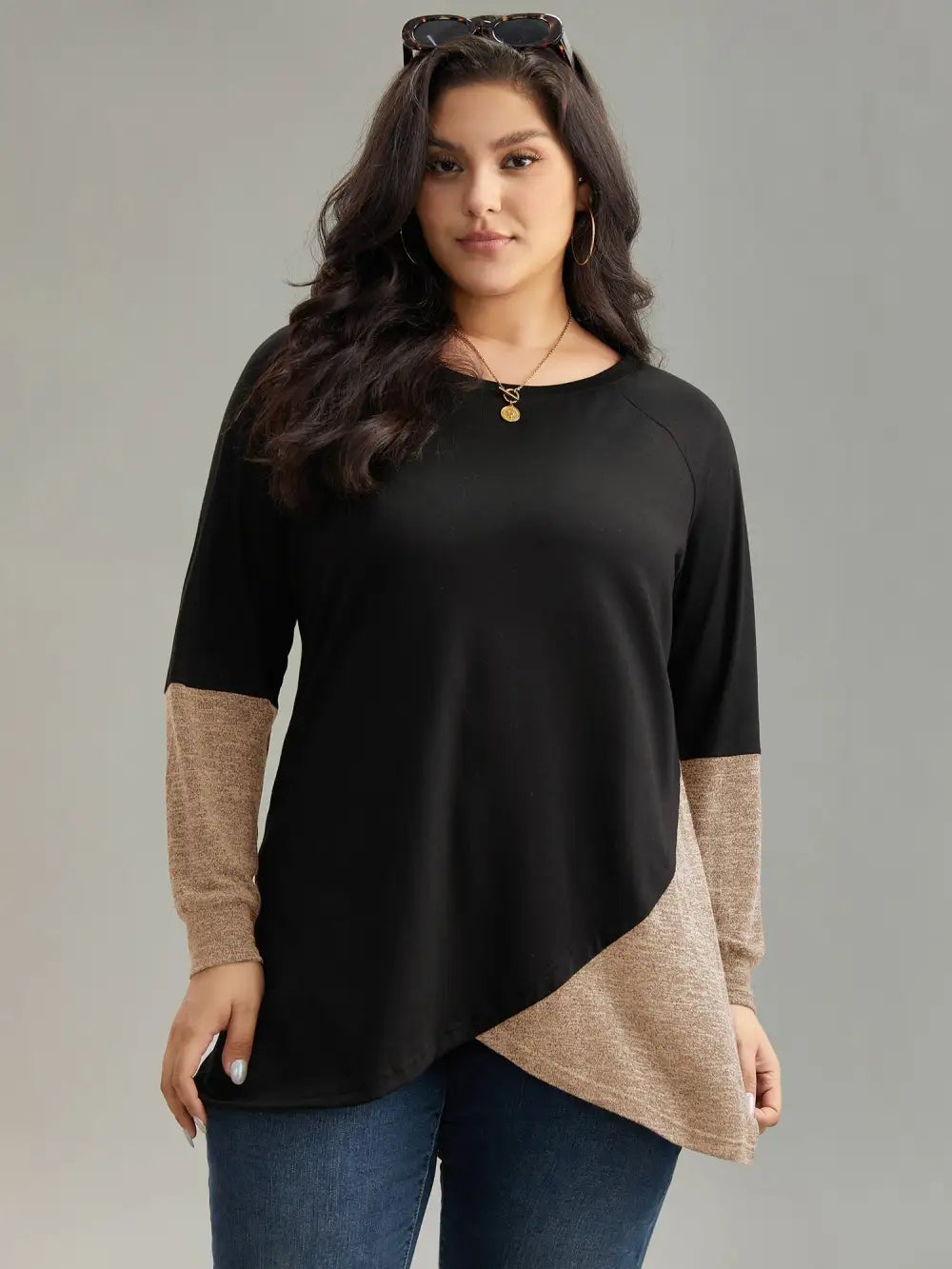 Two Tone Patchwork Heather Arc Hem T-Shirt