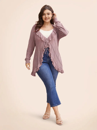 Ruffle Trim Ties Cable Knit Cardigan