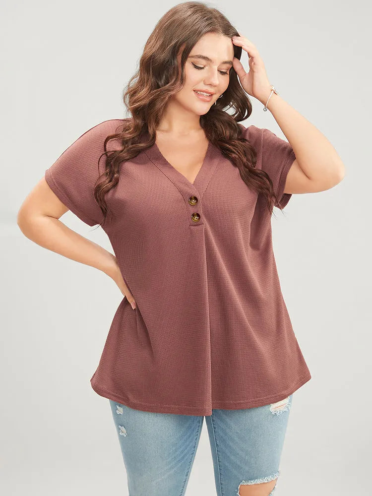 Solid Dolman Sleeve Button Detail Waffle Knit T-shirt