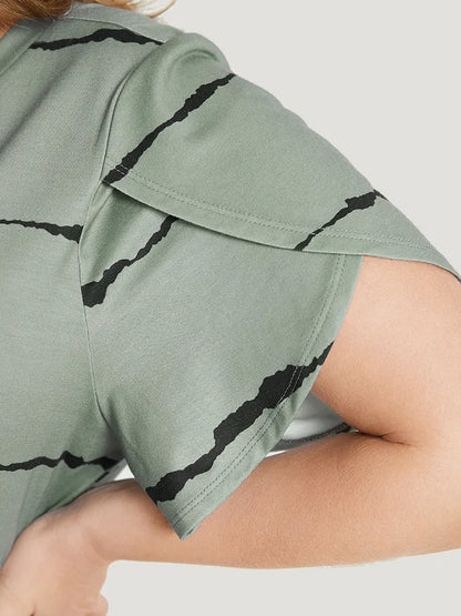 Striped Print Petal Sleeve Pocket Split Hem Dress