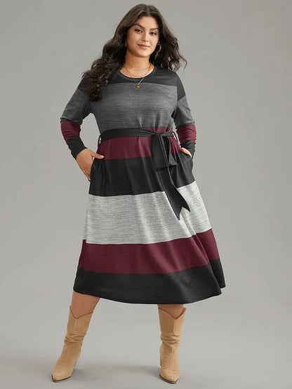 Colorblock Contrast Heather Belted Dress