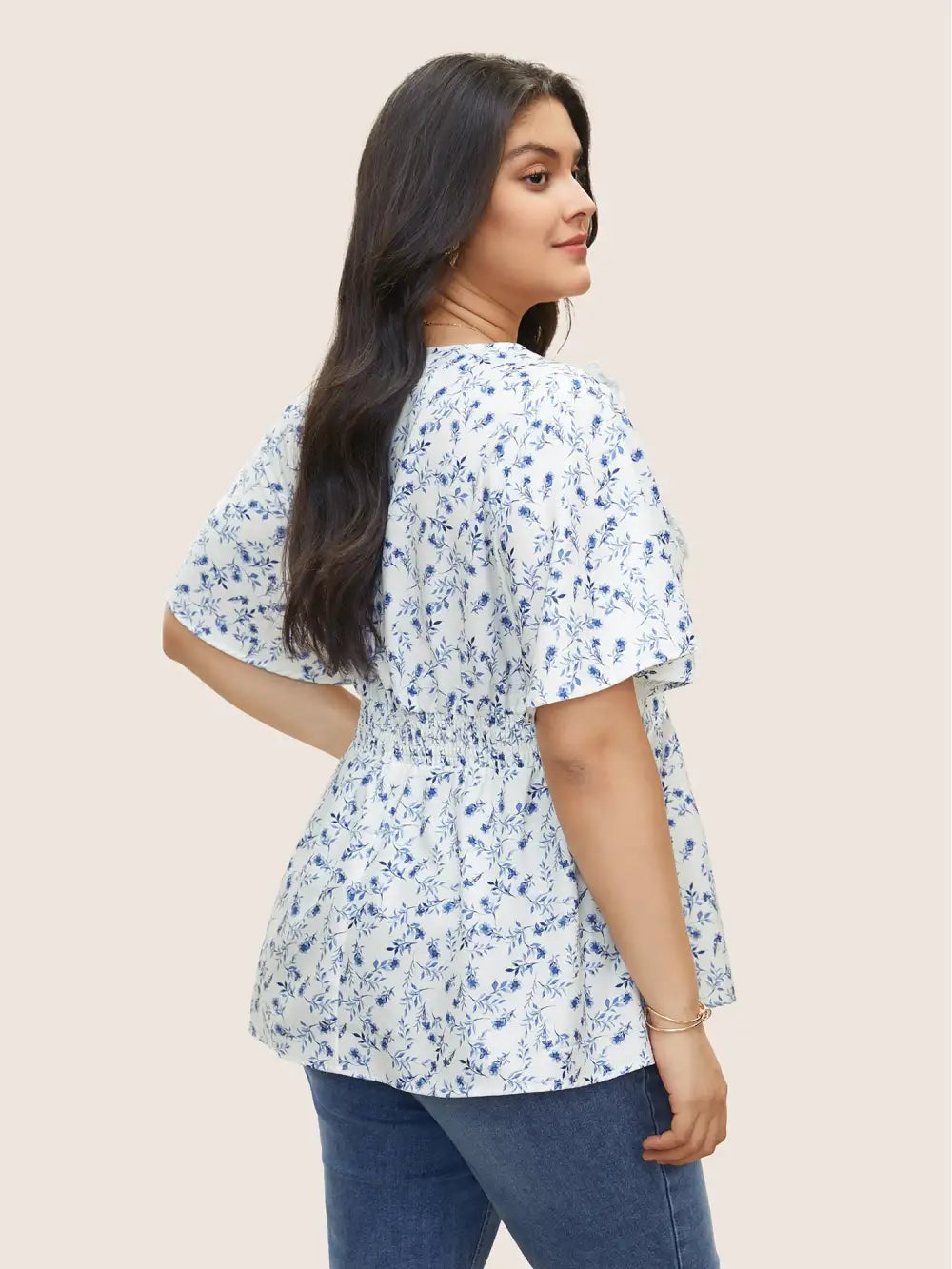 Floral Pleated Elastic Waist Ruffle Sleeve Blouse
