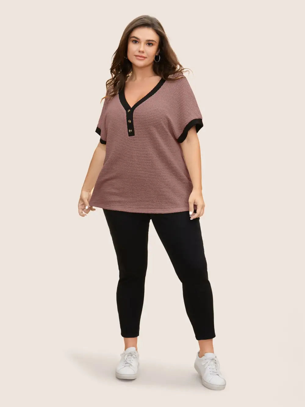 V Neck Contrast Button Detail Knit T-Shirt