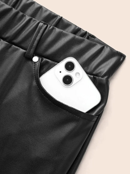 Pu Leather Button Detail Mid Rise Pants