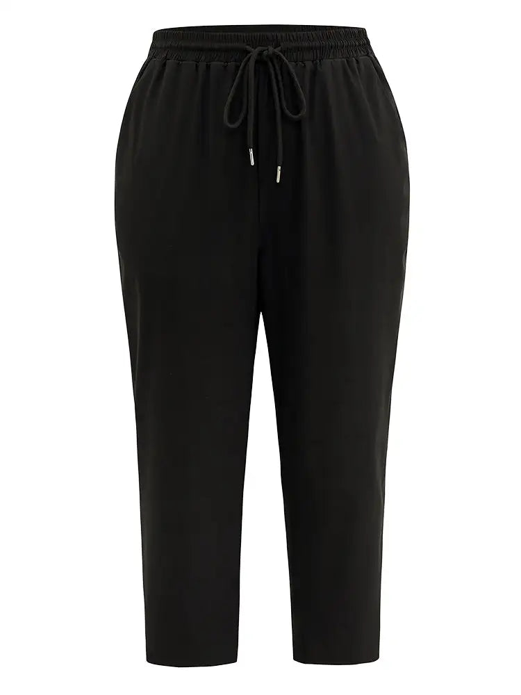 Solid Drawstring Pocket Elastic Waist Pants