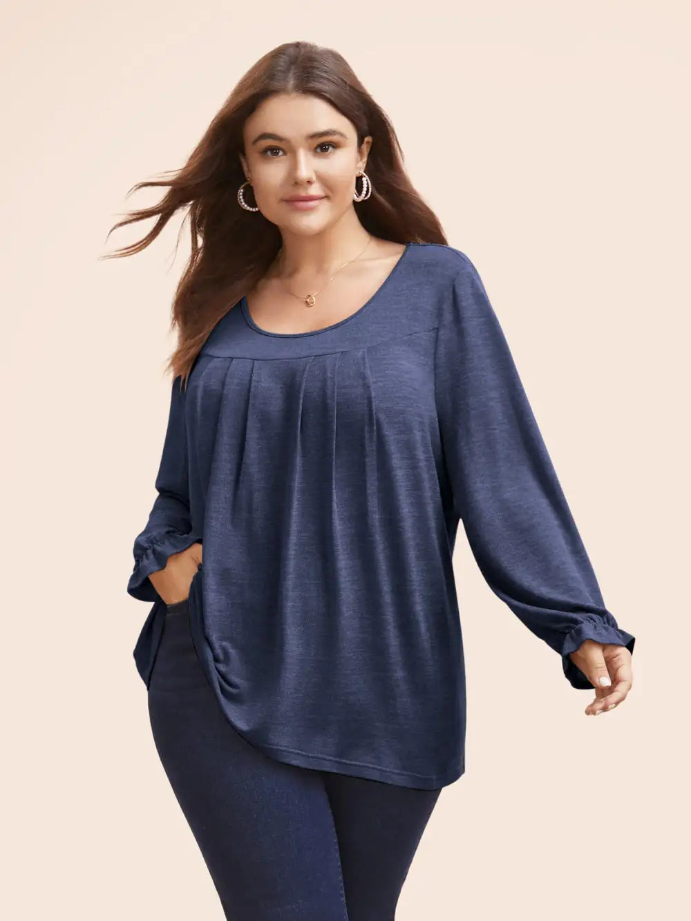 Round Neck Heather Pleated T-Shirt