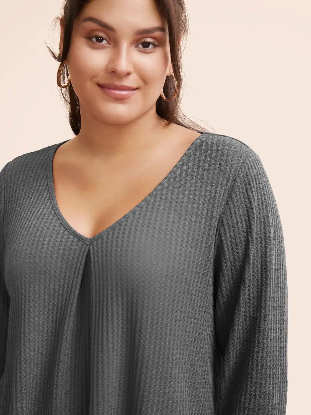 Plain Waffle Knit Scoop Neck Plicated Detail T-Shirt