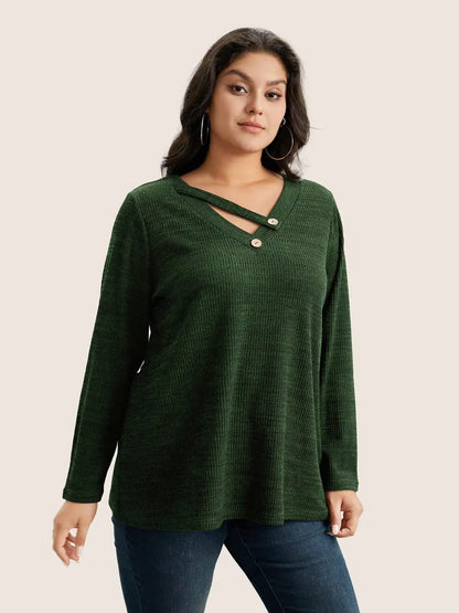 Solid Rib Knit Button Detail T-Shirt