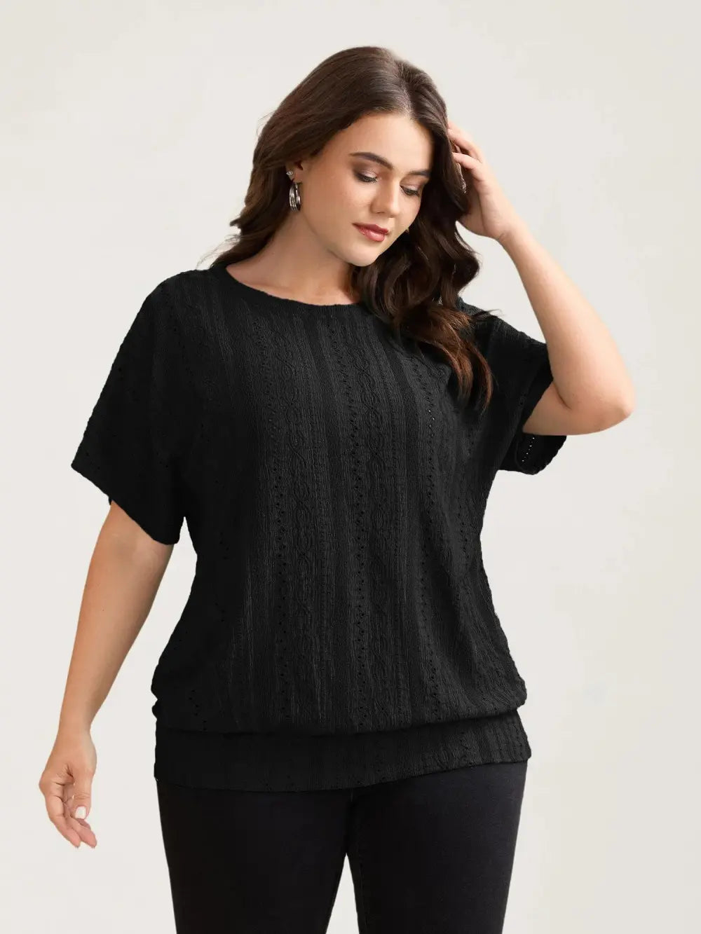 Eyelet Trim Stretchy Textured Plain Top