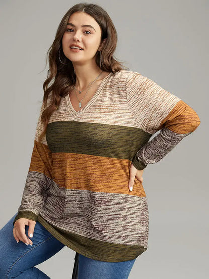 Striped Colorblock Contrast V Neck T-Shirt