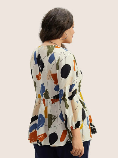 Brush Print Button Detail Elastic Cuffs Blouse