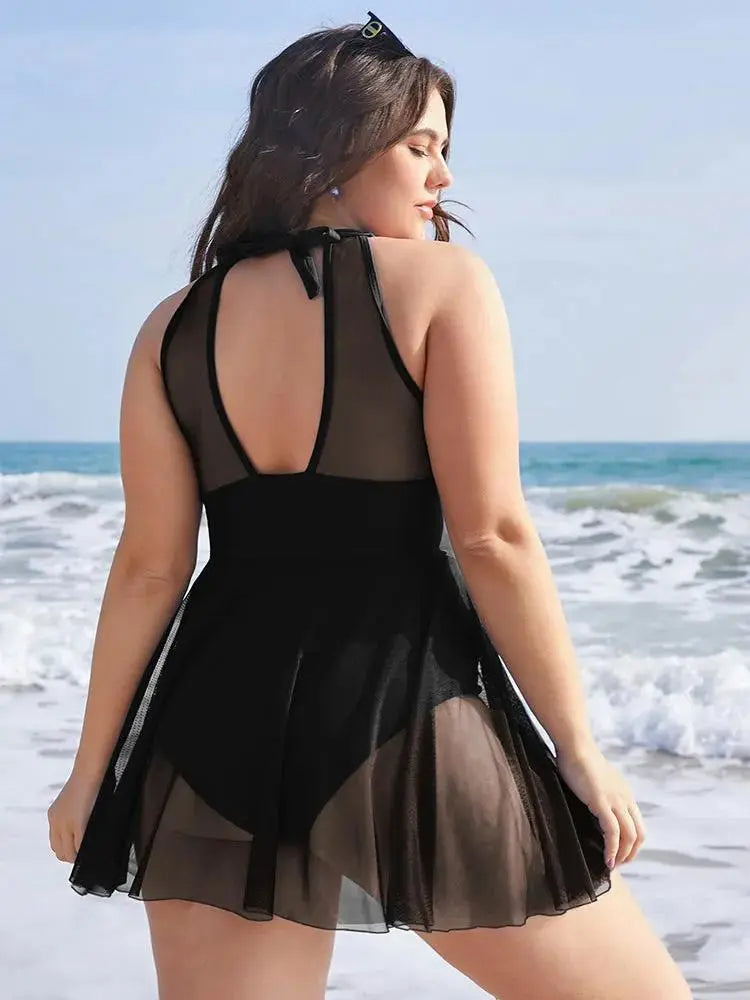 Knotted Back Mesh Insert Halter Swim Dress