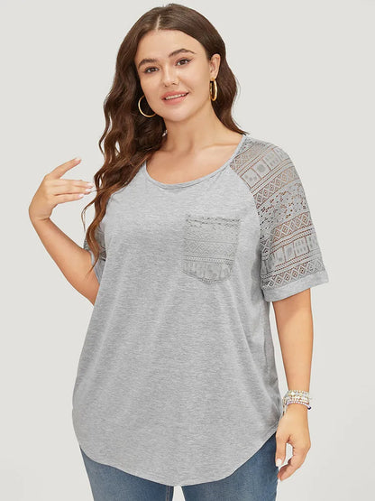 Solid Pocket Contrast Lace Raglan Sleeve Arc Hem T-shirt