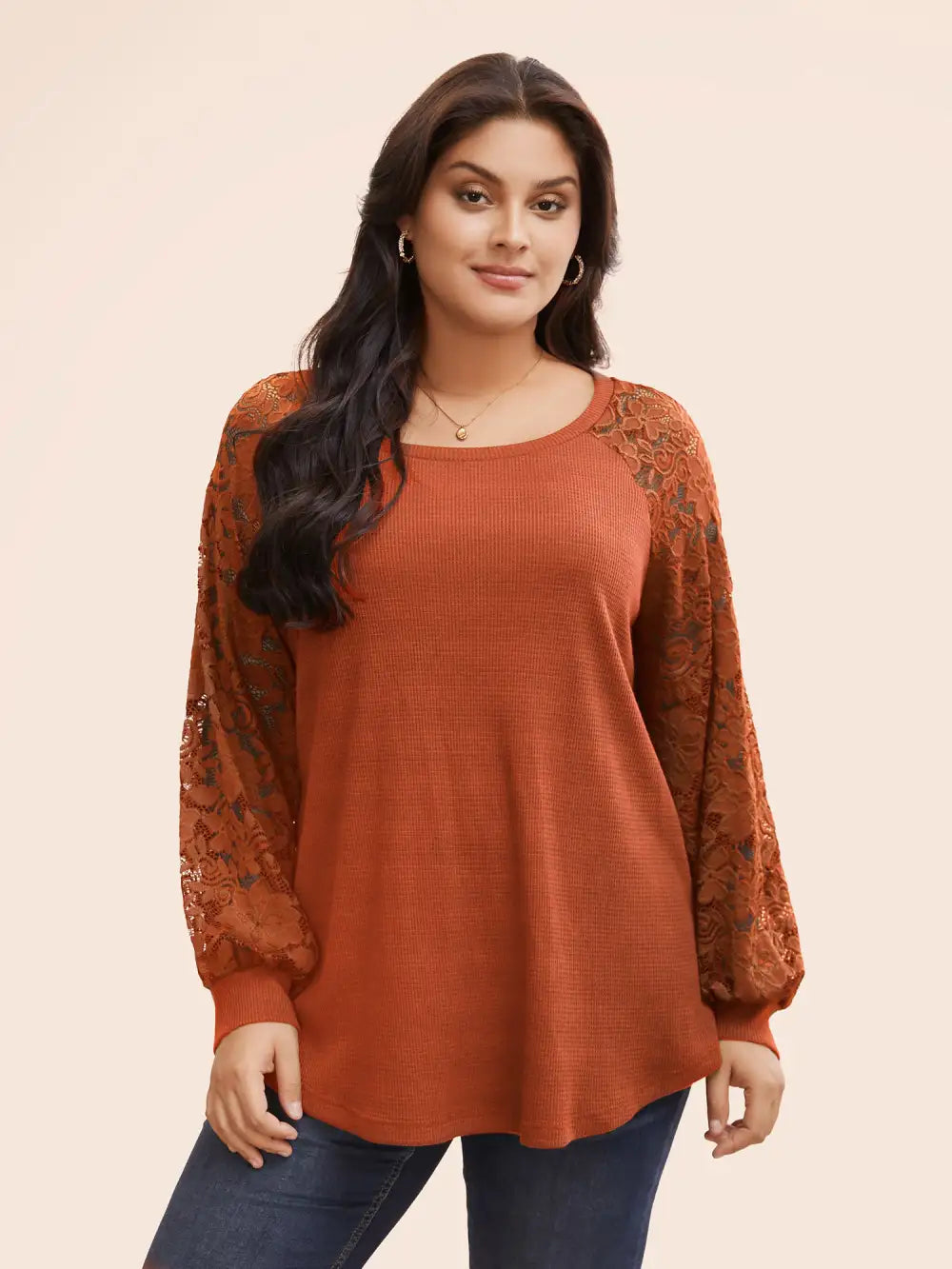 Plain Lace Panel Round Neck Raglan Sleeve T-Shirt