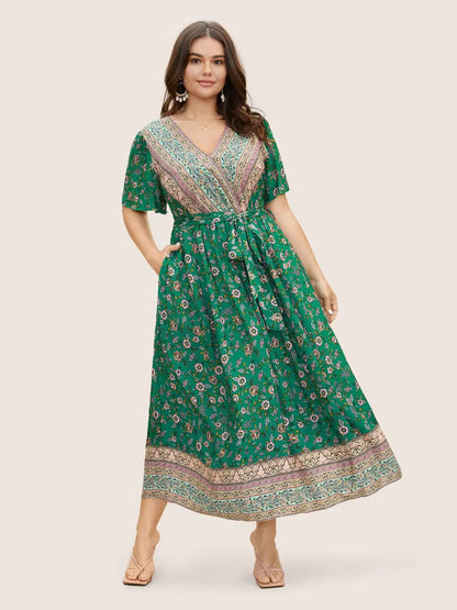 Bandana Surplice Neck Pocket Belted Flutter Hem Maxi Dress