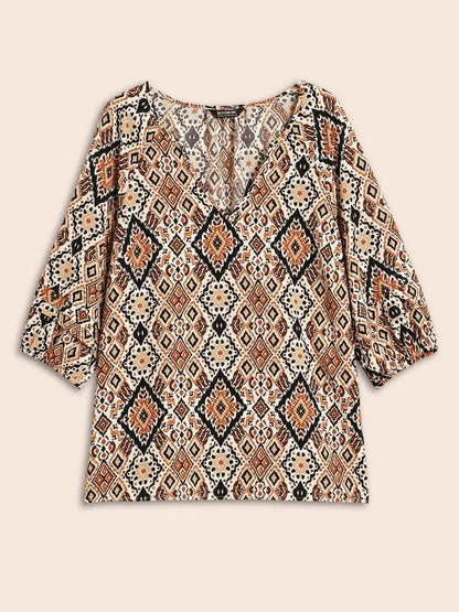 Bandana Geometric Pleated Lantern Sleeve Blouse