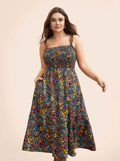 Ditsy Floral Shirred Ruffles Midi Dress