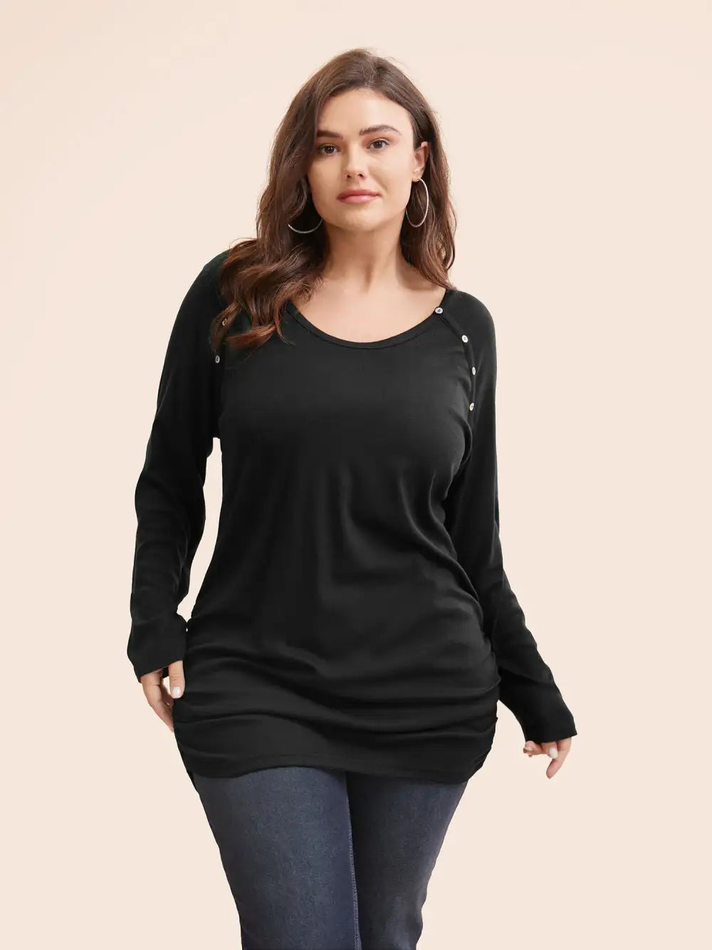 Plain Gathered Button Detail T-Shirt
