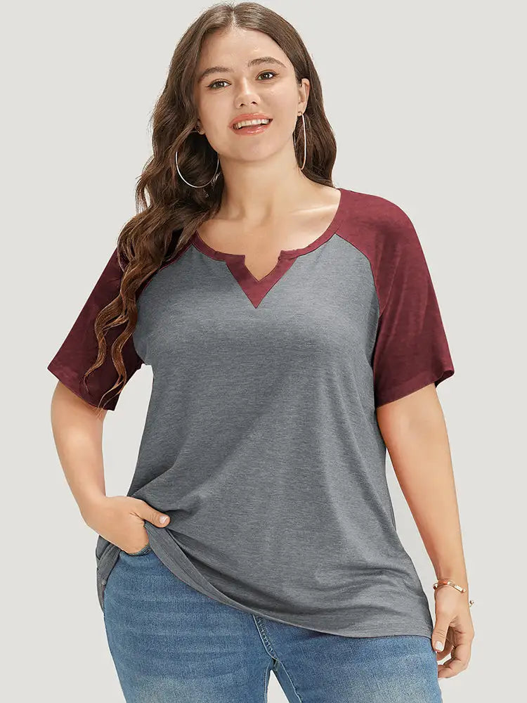 Colorblock Contrast Notched Raglan Sleeve T-shirt