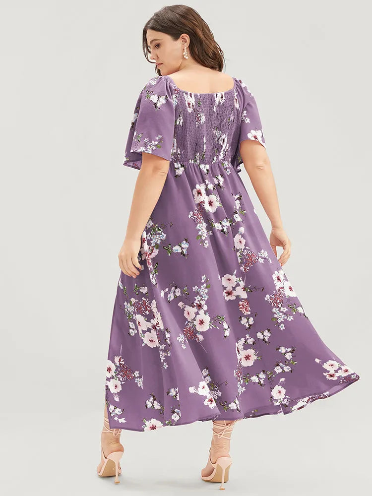 Floral Square Neck Ruffles Pocket Shirred Split Dress