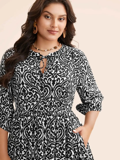 Boho Print Tie Knot Puff Sleeve Dress
