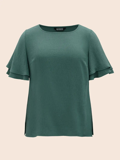 Solid Tiered Ruffles Split Hem Blouse