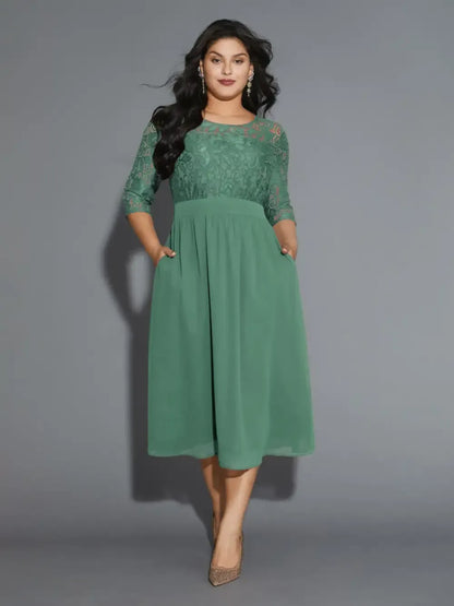 Lace Patchwork Shirred Midi Pocket Dress