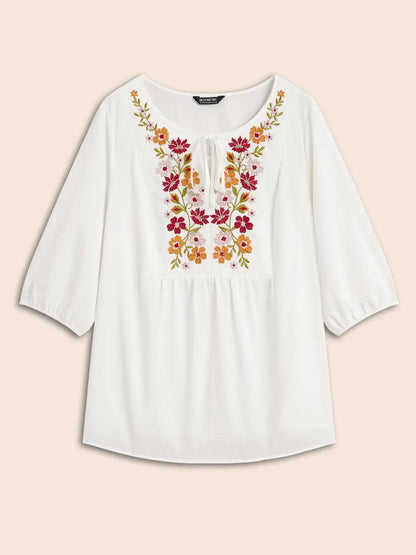Floral Embroidered Tie Knot Lantern Sleeve Blouse
