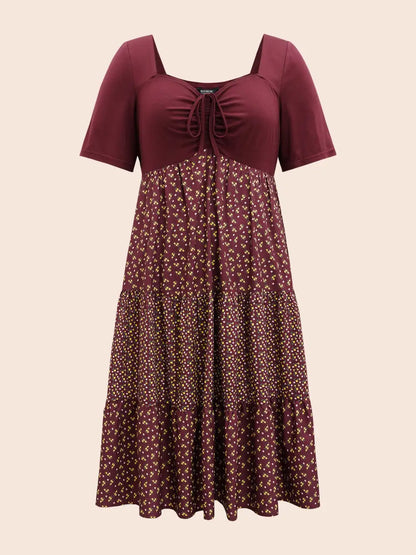 Ditsy Floral Patchwork Ruffle Layered Hem Dress