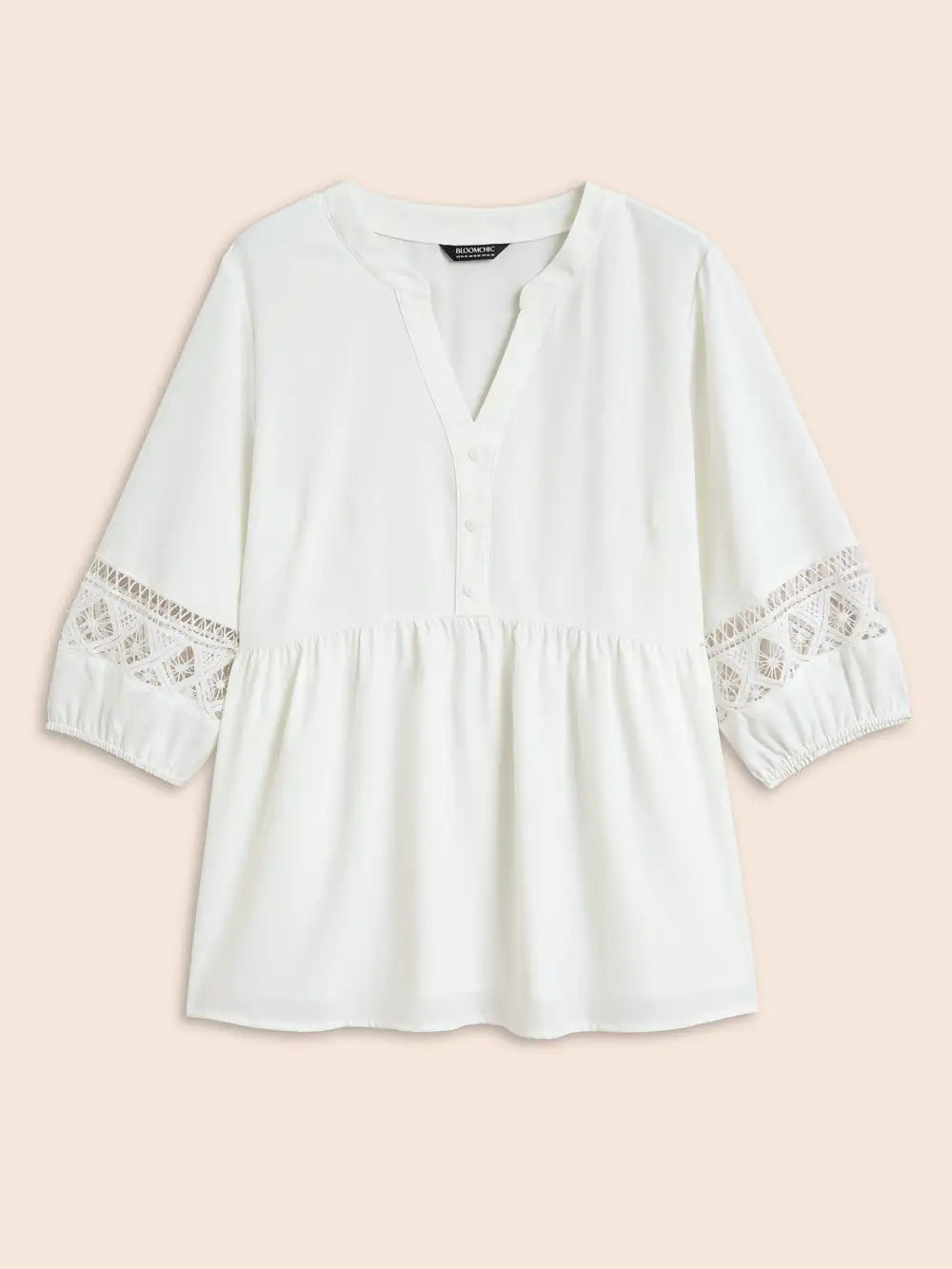 Notched Patchwork Cut Out Lantern Sleeve Blouse