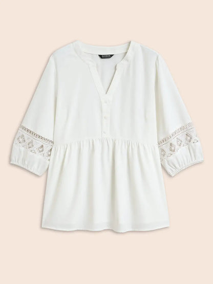 Notched Patchwork Cut Out Lantern Sleeve Blouse