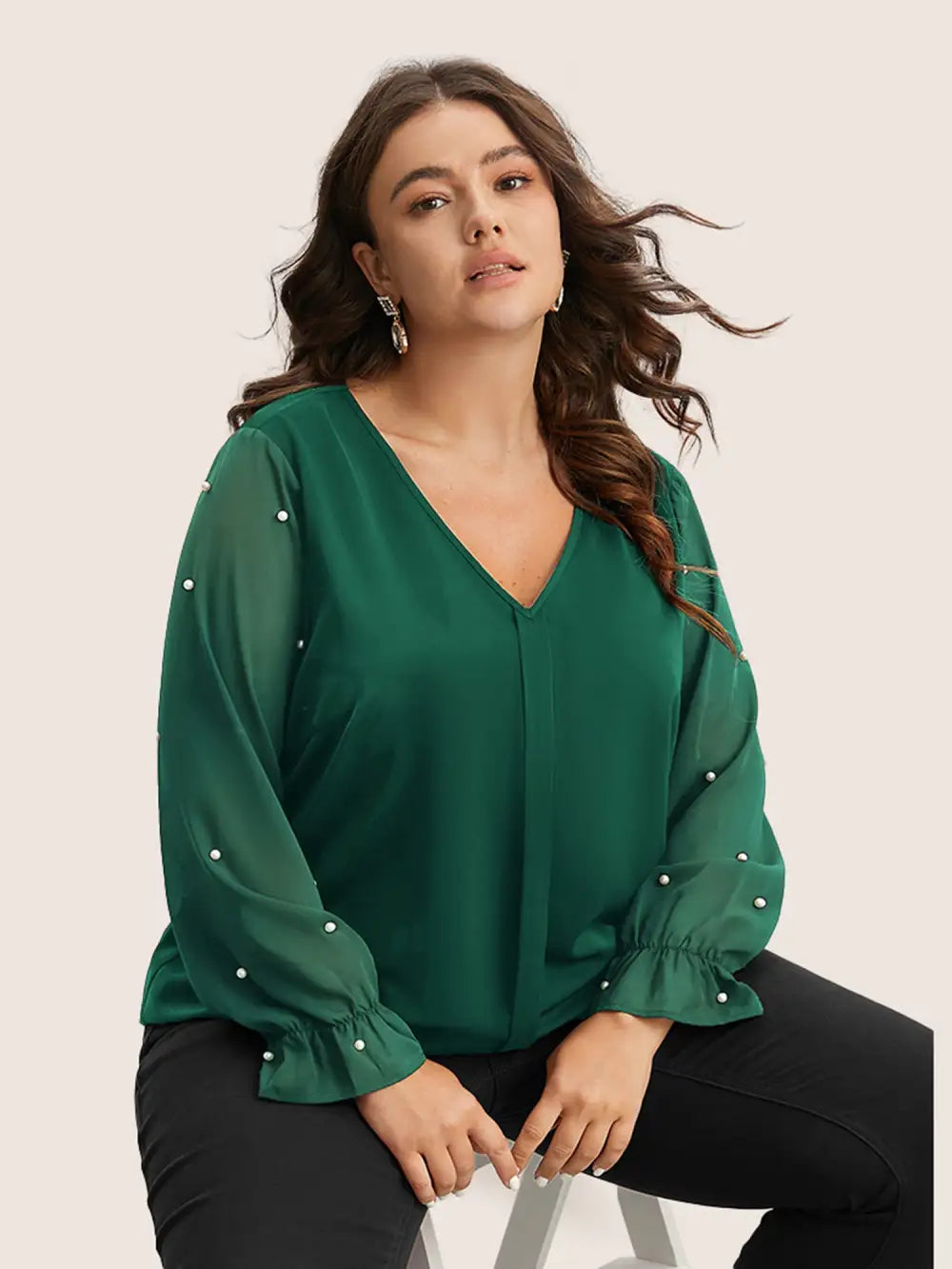 Pearl Beaded Mesh Patchwork Ruffles Blouse