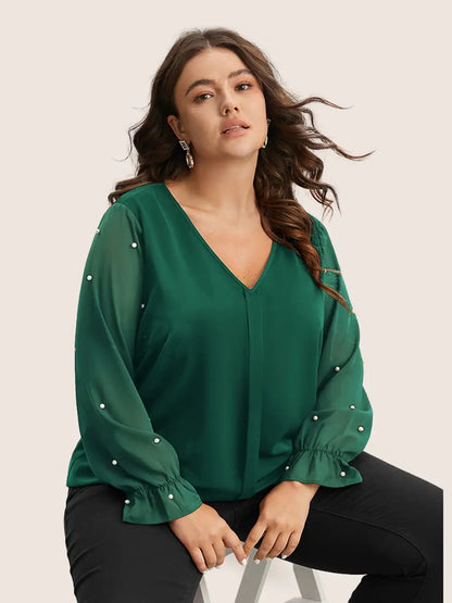 Pearl Beaded Mesh Patchwork Ruffles Blouse