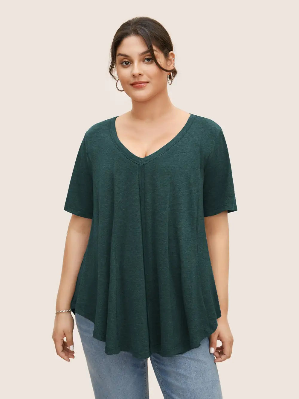Solid Heather V Neck Curved Hem T-Shirt