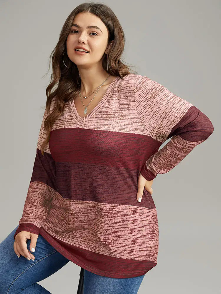 Striped Colorblock Contrast V Neck T-Shirt