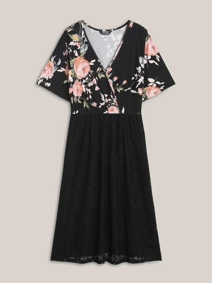 Floral Panel Surplice Pockets Midi Dress