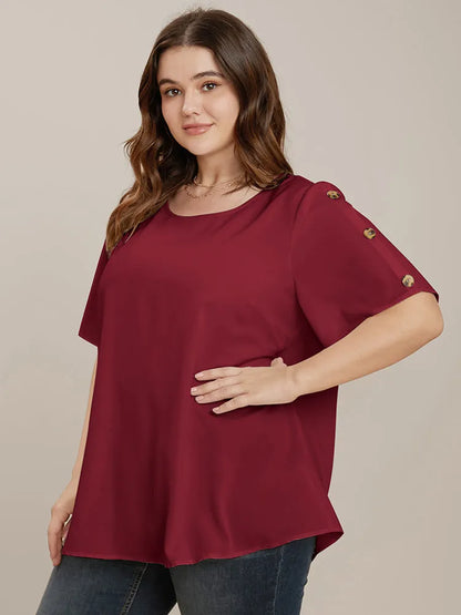 Plain Round Neck Button Detail Blouse