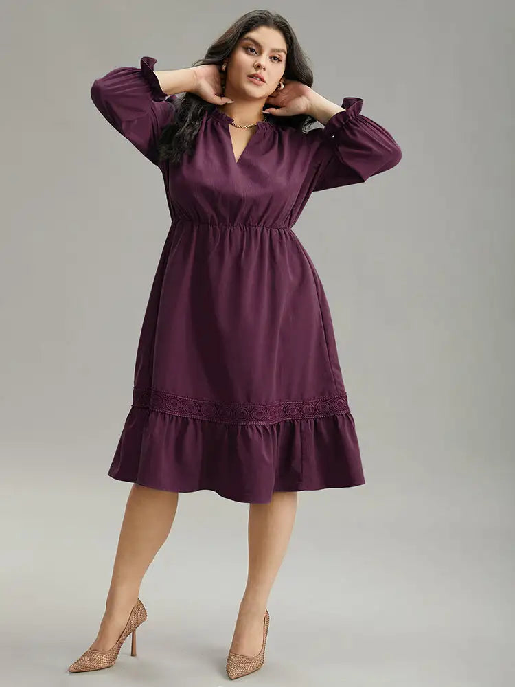 Solid Frill Trim Guipure Lace Flutter Sleeve Dress