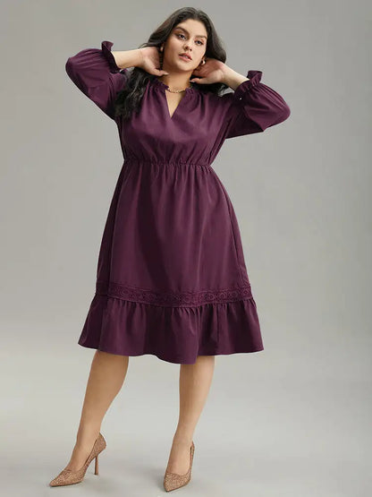 Solid Frill Trim Guipure Lace Flutter Sleeve Dress