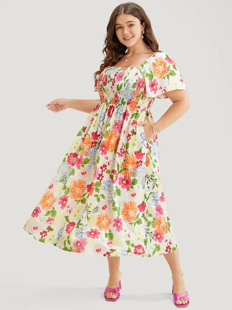 Floral Backless Shirred Square Neck Pocket Ruffle Hem Dress