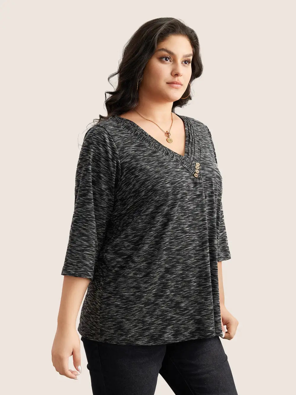 Heather Pleated Button Detail T-Shirt