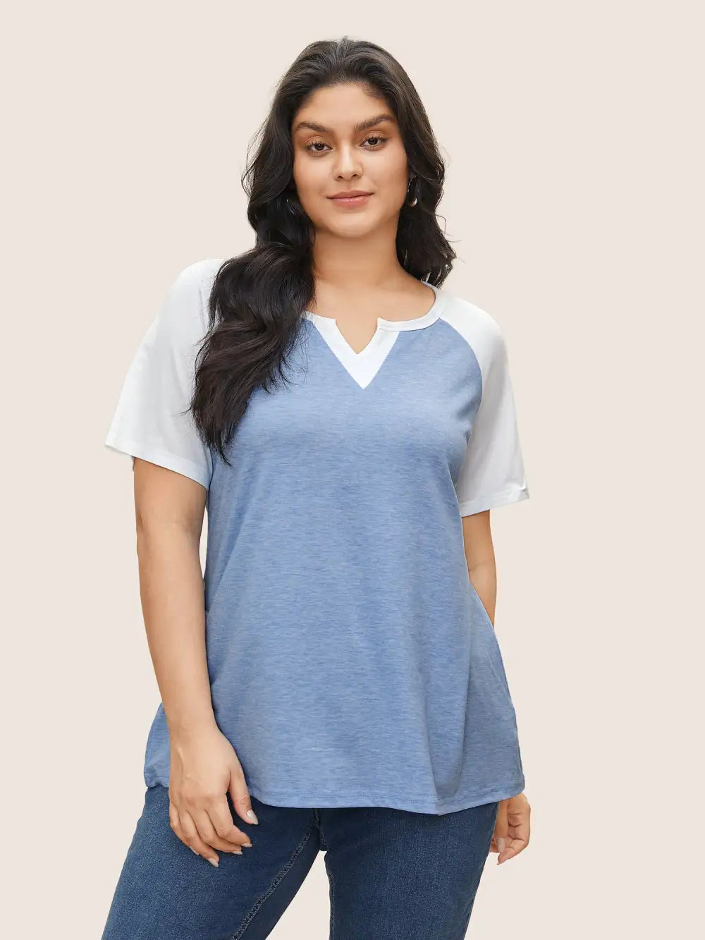 Colorblock Contrast Notched Raglan Sleeve T-Shirt