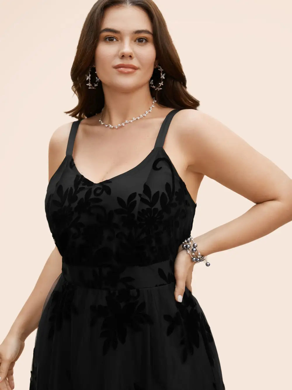 Floral Flocked Tulle Split Hem Dress