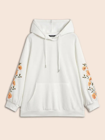 Floral Embroidered Hooded Drawstring Sweatshirt