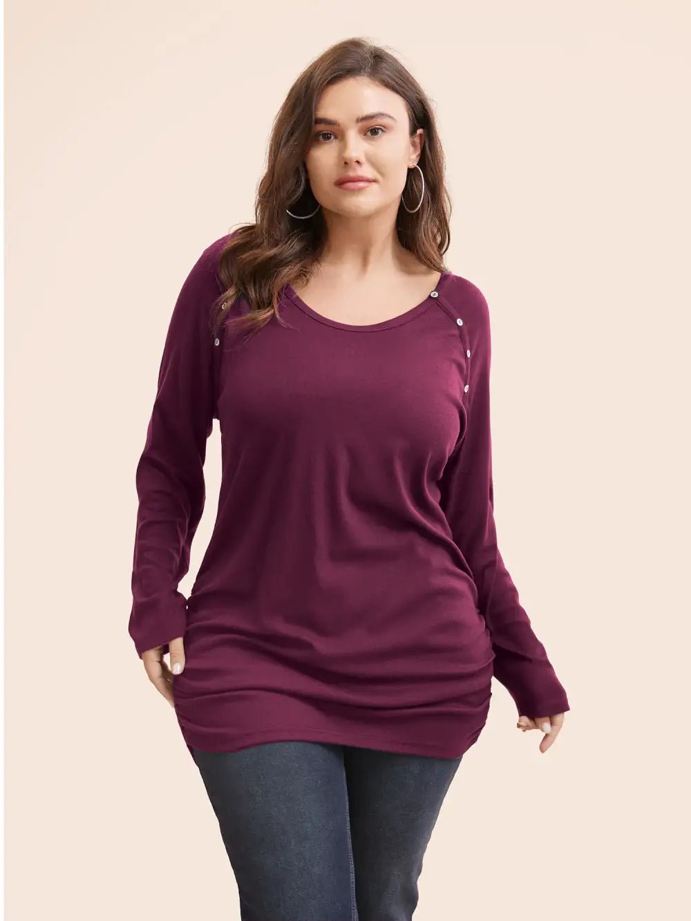 Plain Gathered Button Detail T-Shirt