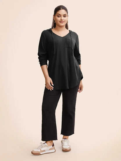 Waffle Knit Pocket Hooded Drawstring Arc Hem T-Shirt