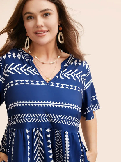 Bandana Geometric Ruffle Sleeve Babydoll Dress
