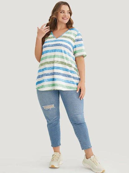 Striped Contrast V Neck T-shirt