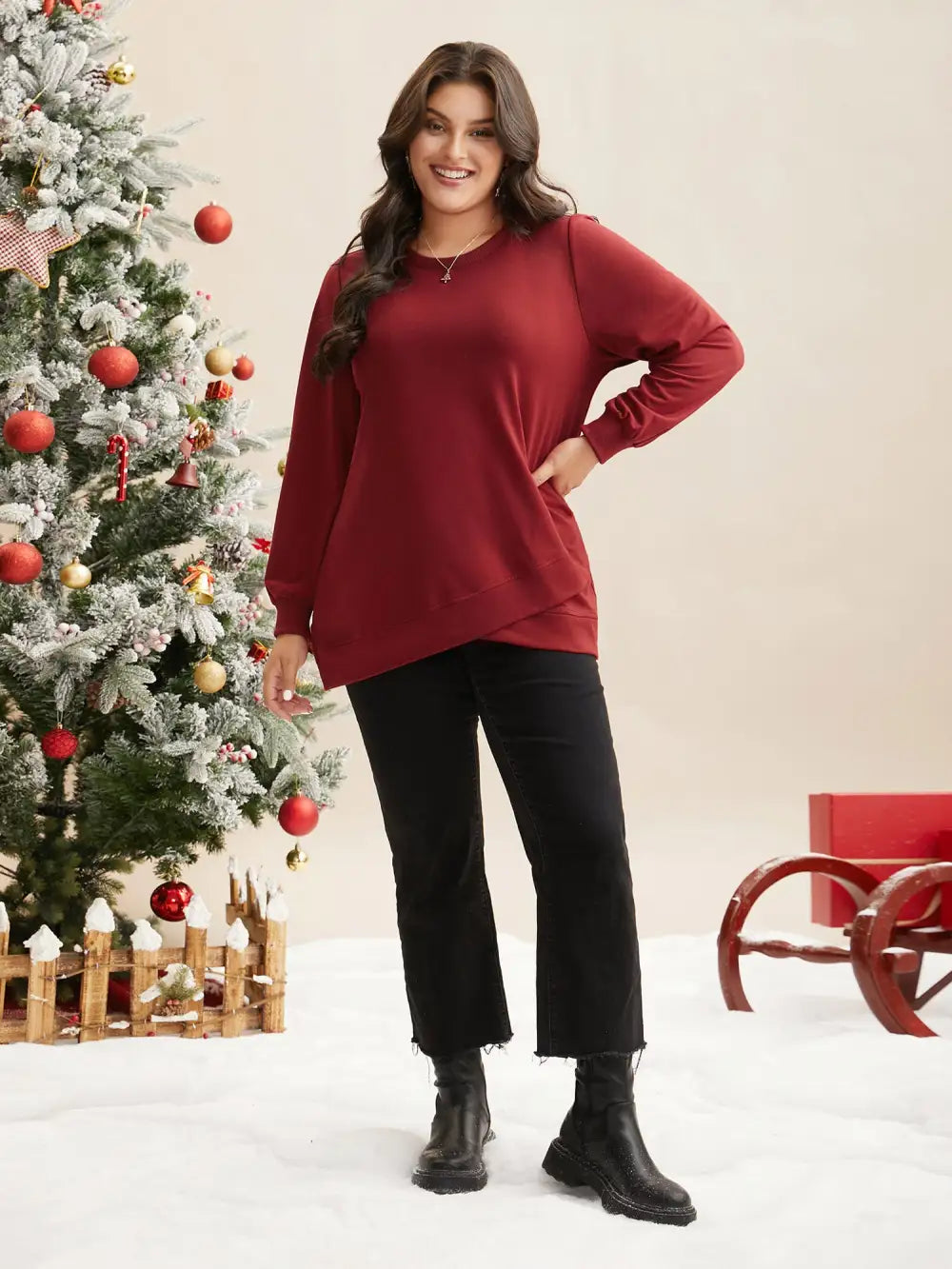 Overlapping Hem Round Neck Sweatshirt